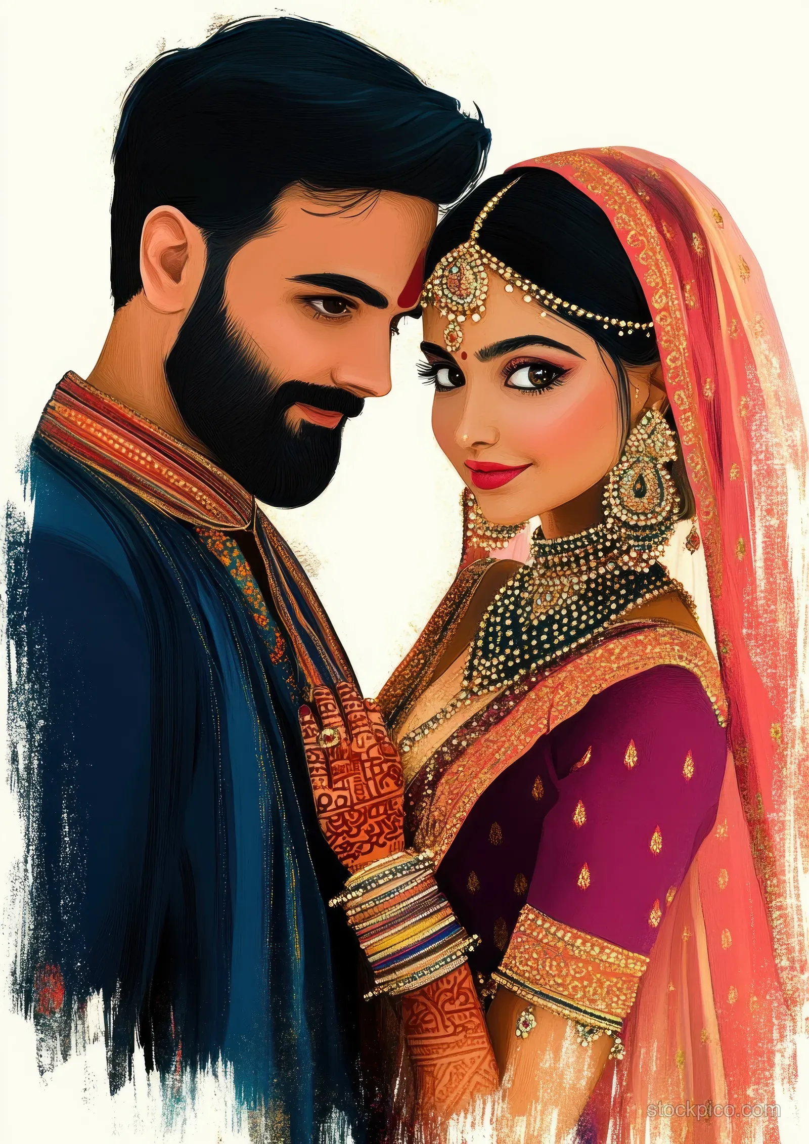 A traditionally dressed couple stands close together wearing ornate jewelry and colorful ethnic clothing.