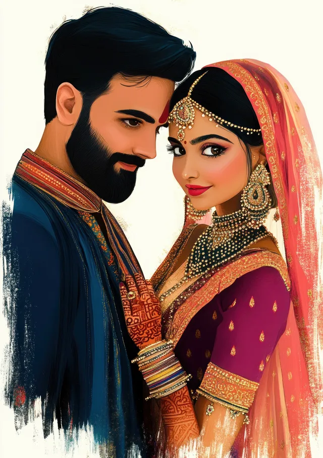 A traditionally dressed couple stands close together wearing ornate jewelry and colorful ethnic clothing.