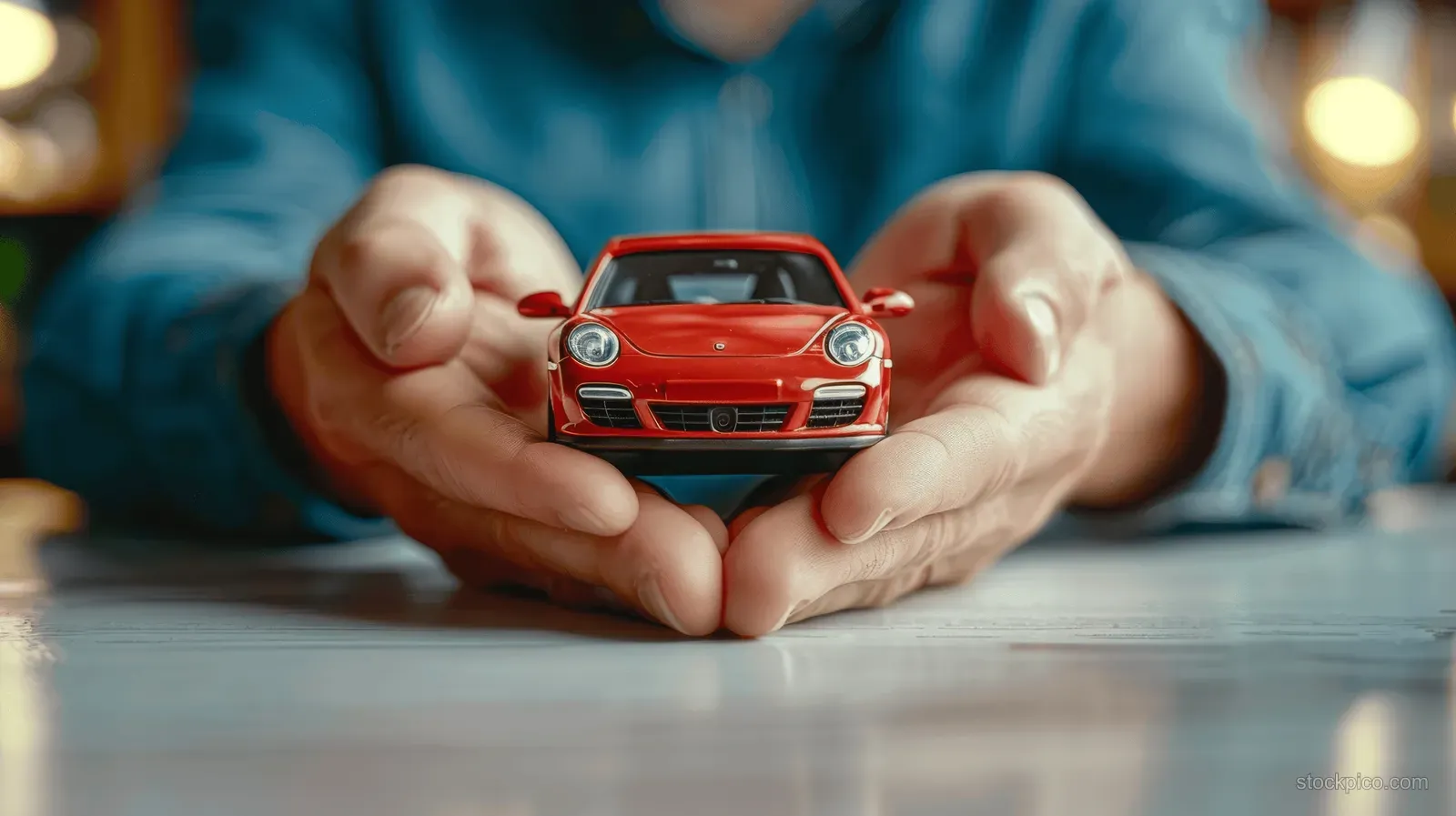 Man’s hands shield a red toy car on a desk, symbolizing car insurance and safety protection.