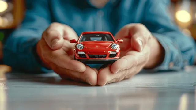 Man’s hands shield a red toy car on a desk, symbolizing car insurance and safety protection.