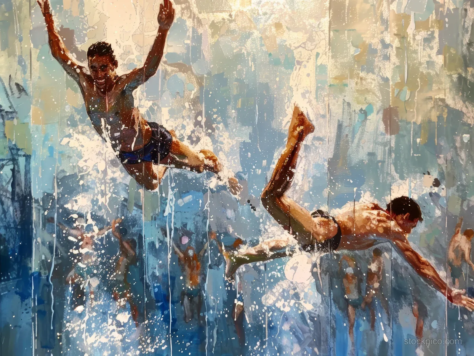 Joyful synchronized divers perform coordinated twists mid-air against a backdrop of water splashes in bright sunlight.