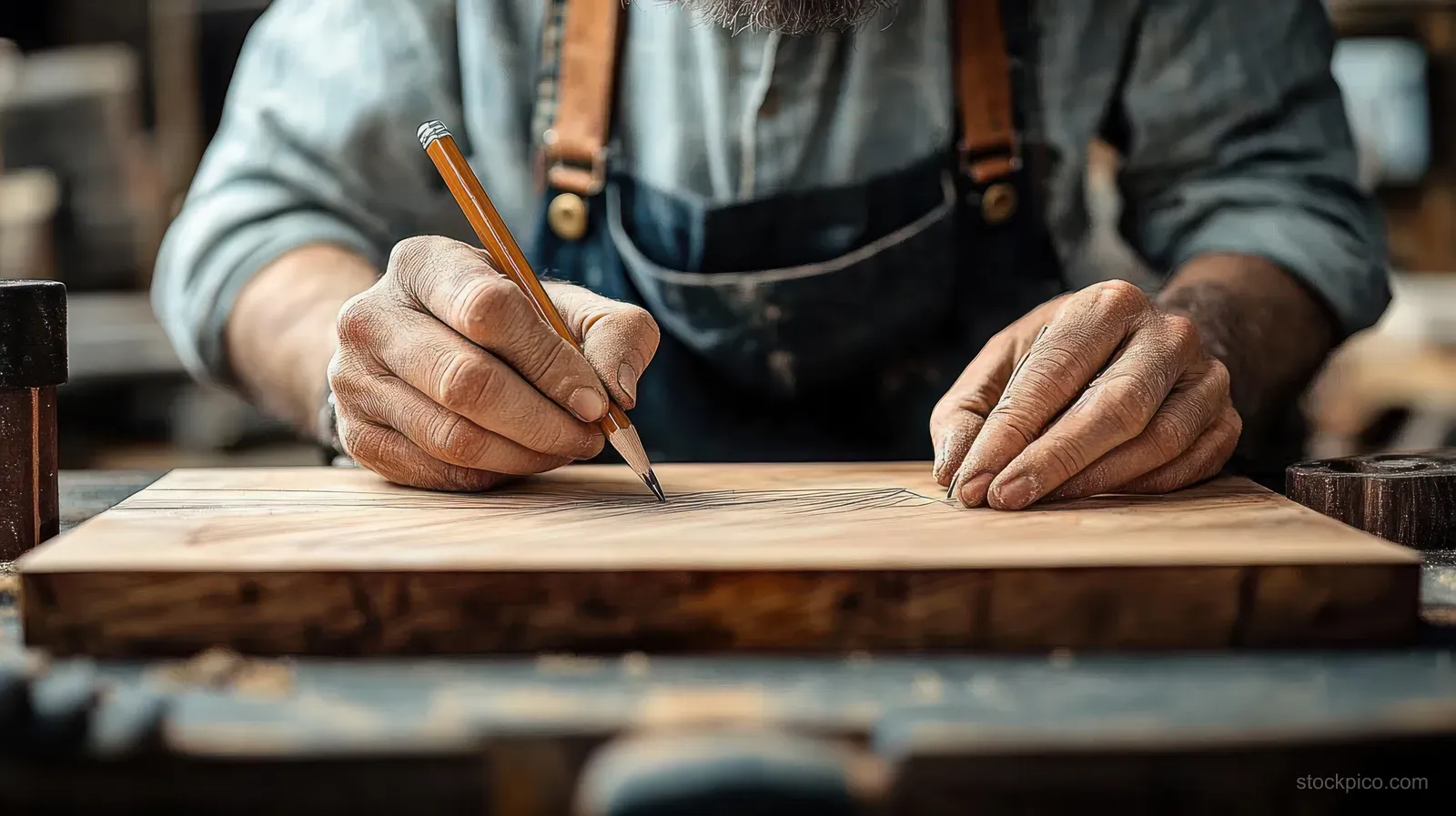 Rough-handed carpenter sketching a pencil design onto a wooden plank in a workshop.