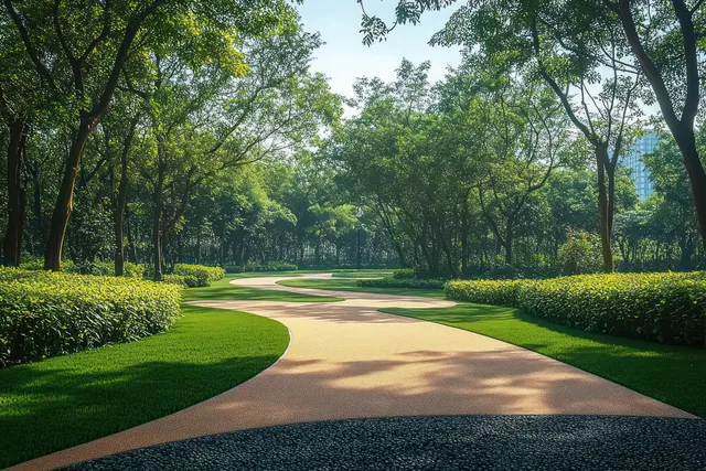 A curved park path runs through green hedges and tall trees, illuminated by bright sunlight and shadows.