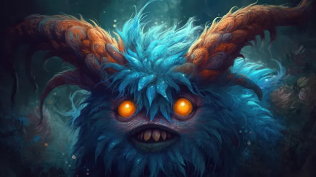 Blue monster creature with orange eyes and glowing horns staring at viewer in dark fog