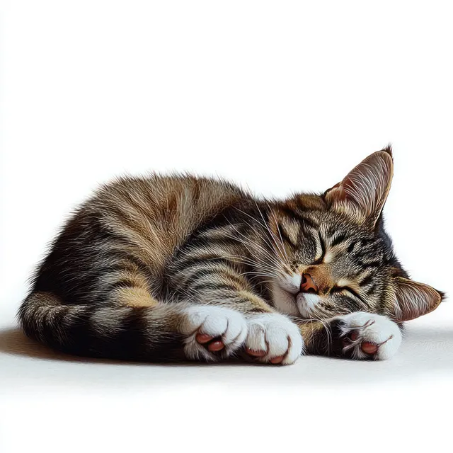 Un pequeño gatito atigrado duerme acurrucado con los ojos cerrados sobre una superficie blanca, con las patas recogidas.