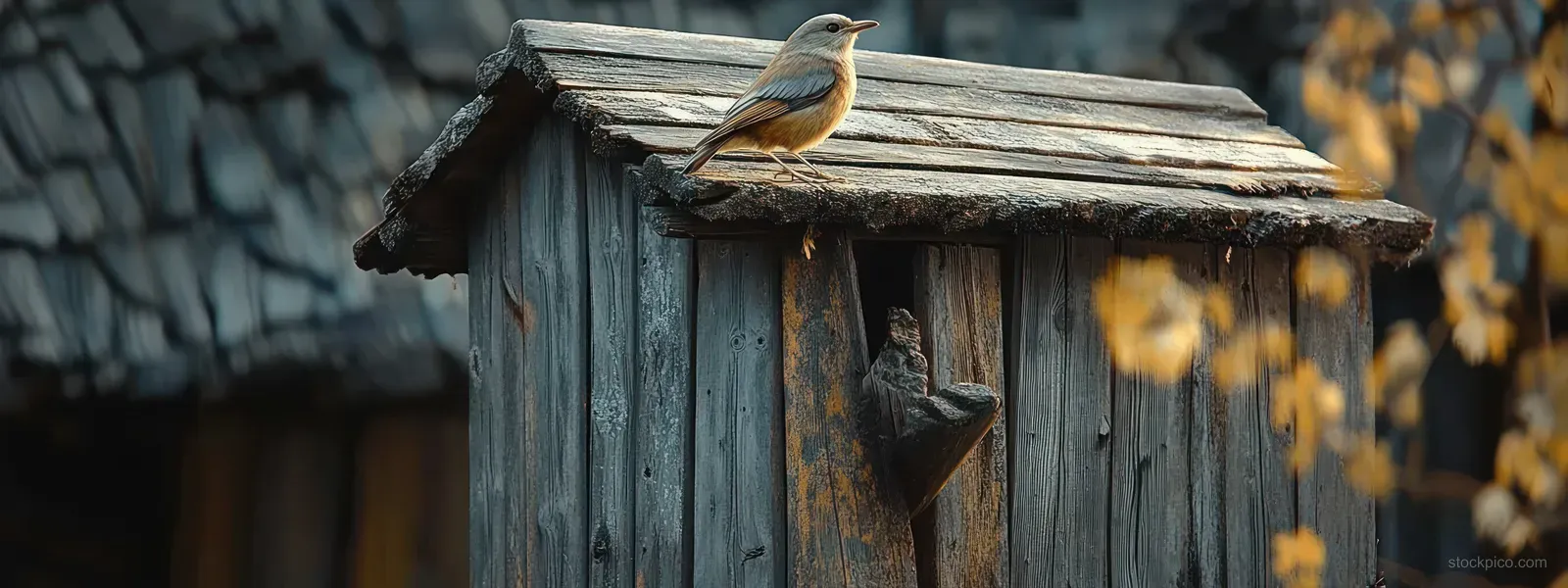 A small bird perched on the roof of a weathered wooden birdhouse as autumn leaves glow nearby.