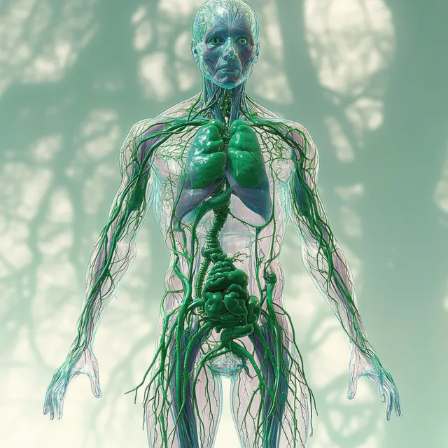 Green lymphatic vessels and nodes highlighted through a female torso interior