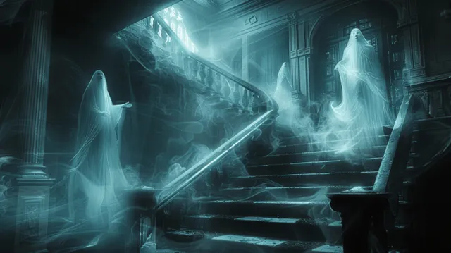 Ghostly apparitions hover in a dark mansion hallway beside a glowing staircase and drifting mist.