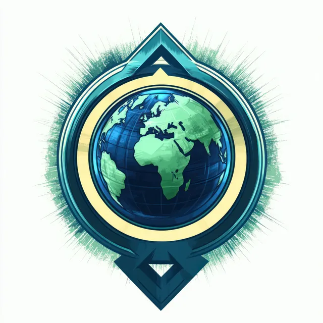 Stylized Earth highlighting Africa, surrounded by a decorative compass frame with teal and yellow accents.