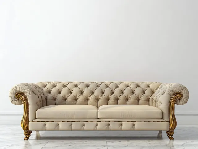 Cream tufted sofa with gold carved arms and legs placed on marble tile in a minimalist room.