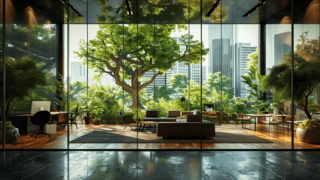 Sunlit glass office interior with indoor trees and panoramic city skyline visible through wide windows.