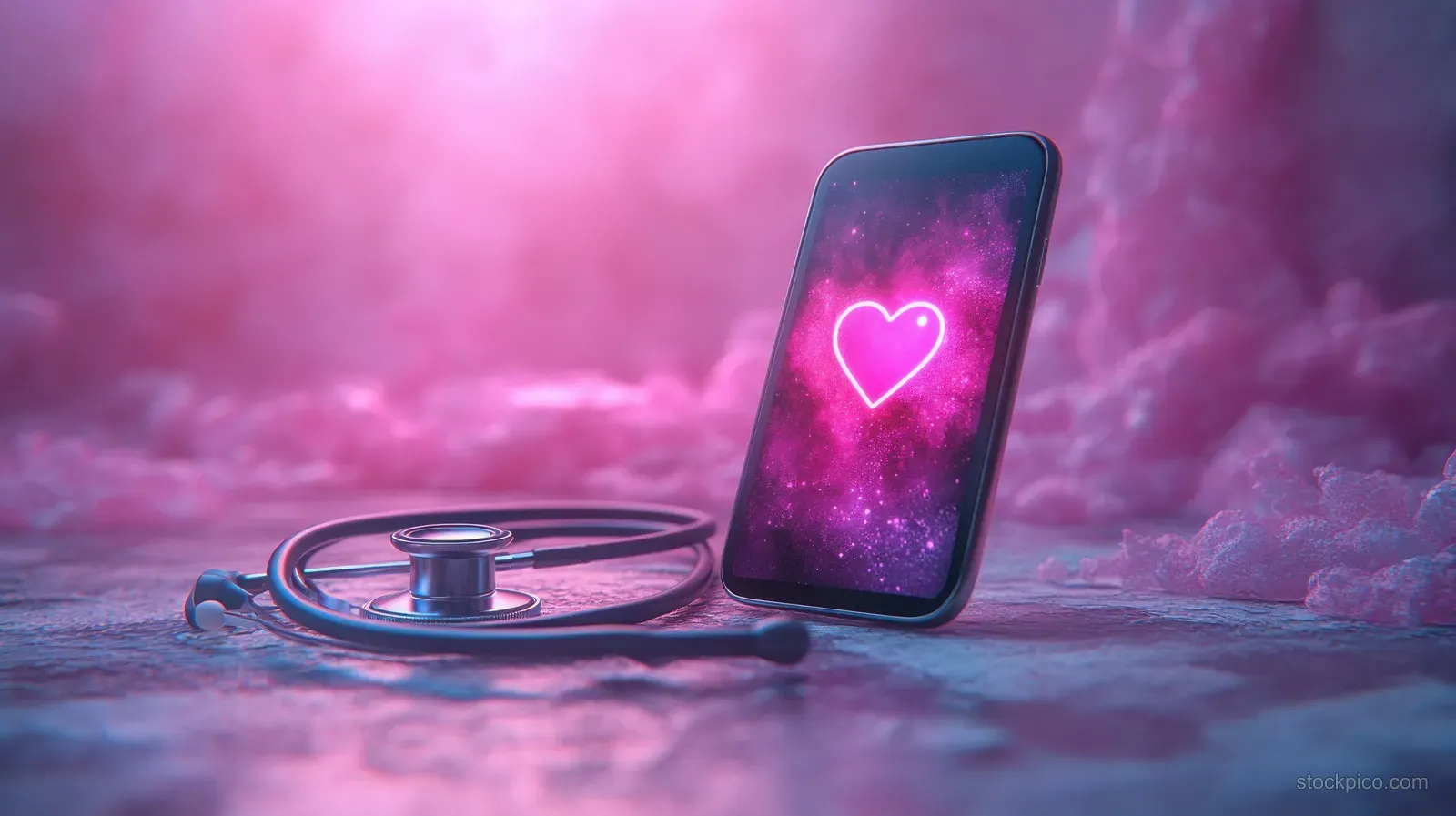 A smartphone with a glowing heart icon sits beside a stethoscope on a dreamy pink and purple medical background.