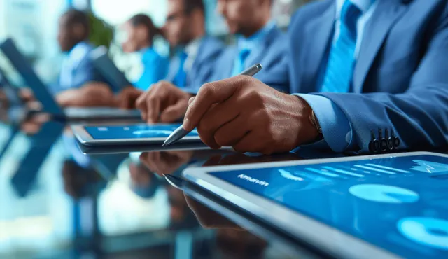 A man in a suit points at a tablet screen while coworkers listen in a conference room.