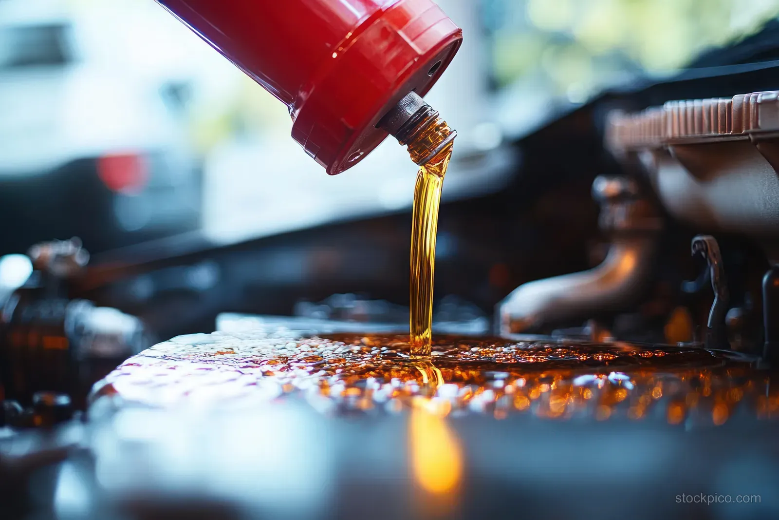 Golden oil pours from a red container into an open car engine bay during an oil change.