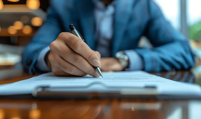 Close-up hand in suit signing a financial agreement with a pen on documents