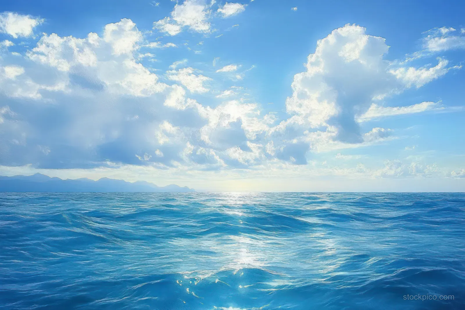 Vast blue ocean with small rolling waves, bright cloudy sky, and distant mountains on the horizon.
