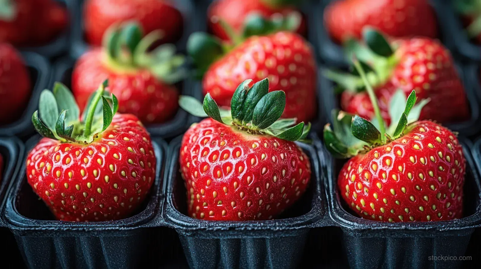 Close-up view of ripe red strawberries with green leaves in black plastic containers.