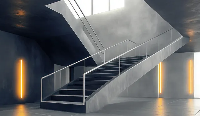 Minimalist steel staircase with glass handrail and vertical light strips in a concrete interior.