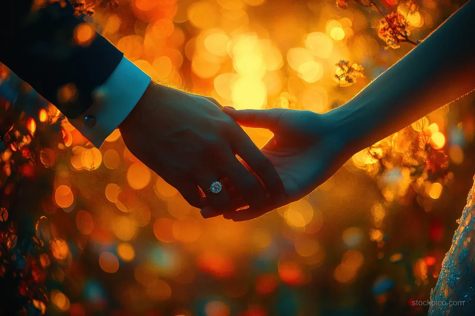 Interlaced hands with wedding rings are framed by warm golden-hour light and soft bokeh outdoors.