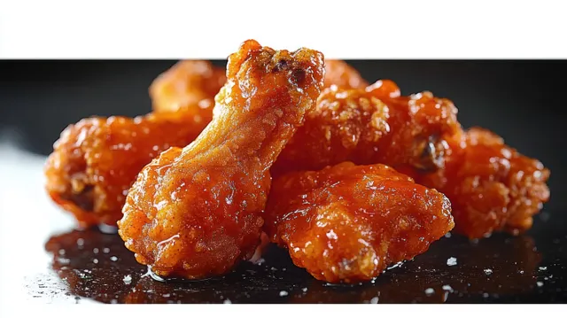 Crispy glazed fried chicken drumsticks and wings coated in spicy sauce, with salt sprinkles on a dark surface.