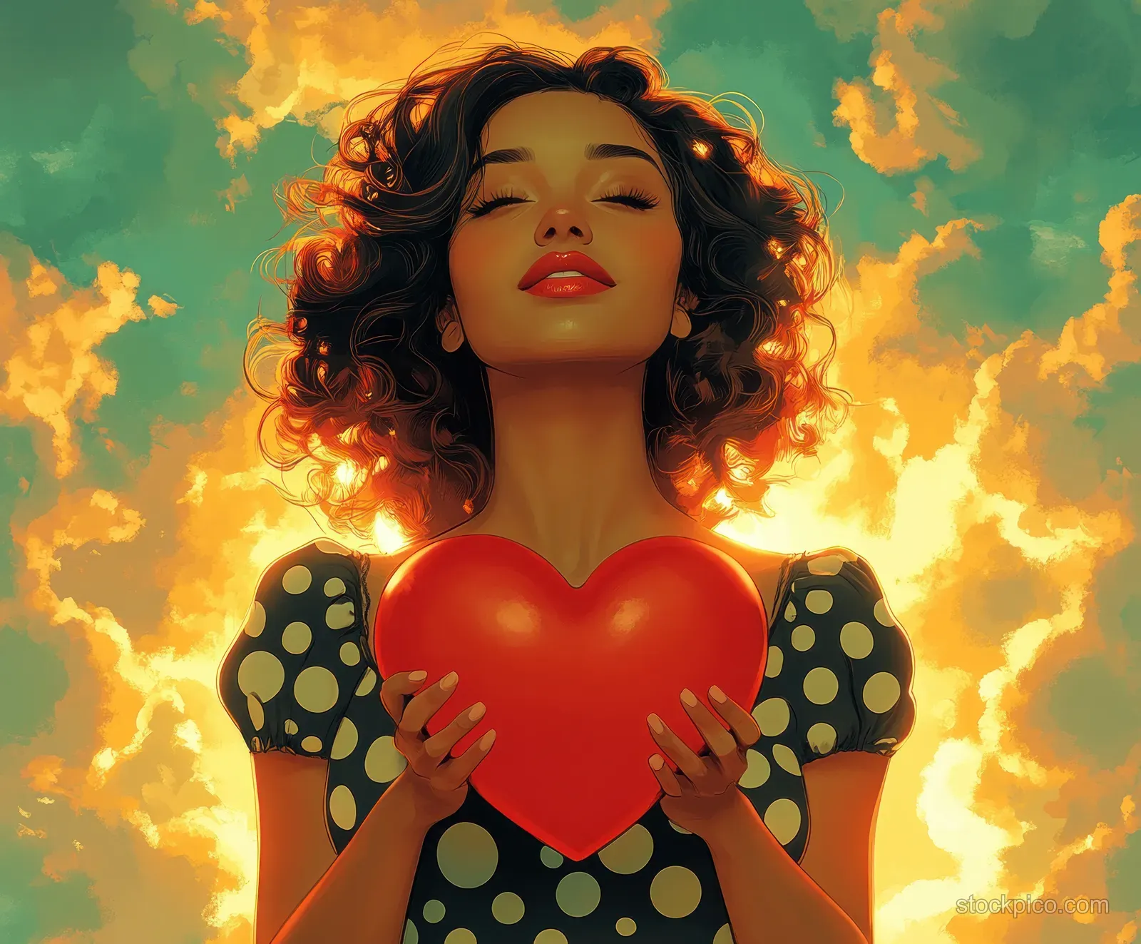 Cartoon woman in a polka dot dress holds a glowing red heart amid fiery golden sunset clouds.