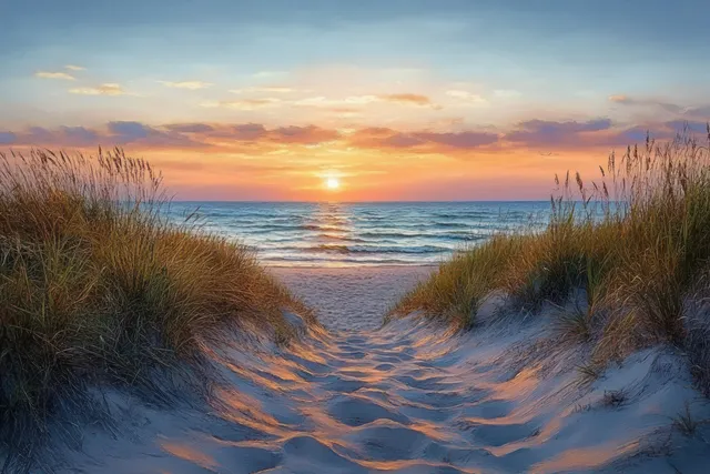 Sunset beach dunes with golden horizon light and wind-swept grasses