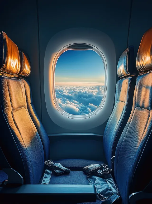Empty airplane cabin seats with seat belts are lit by warm sunlight, with clouds and blue sky visible through the window.