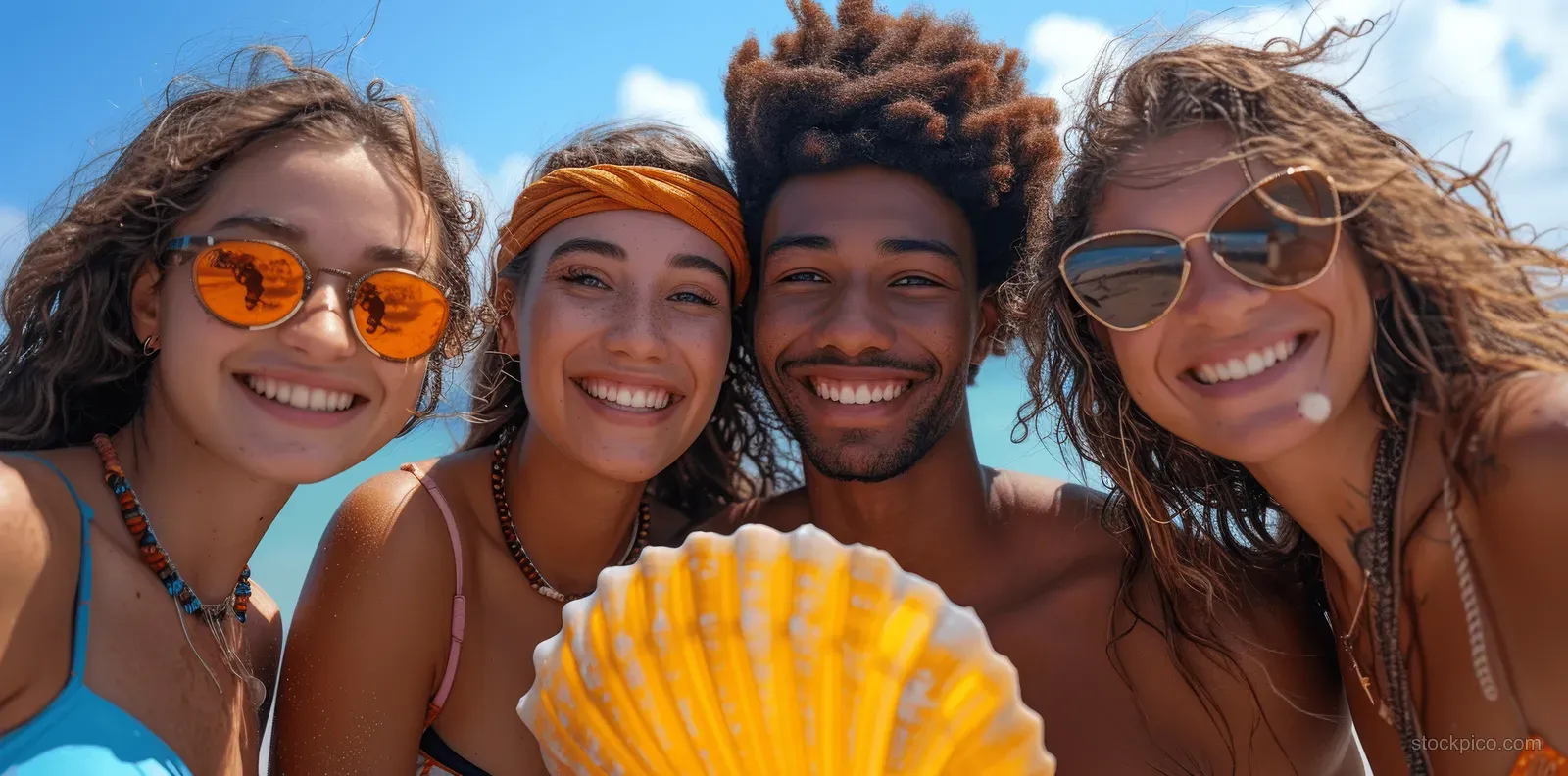 Smiling group of pilgrims on the Camino de Santiago poses together, holding a scallop shell under blue sky.