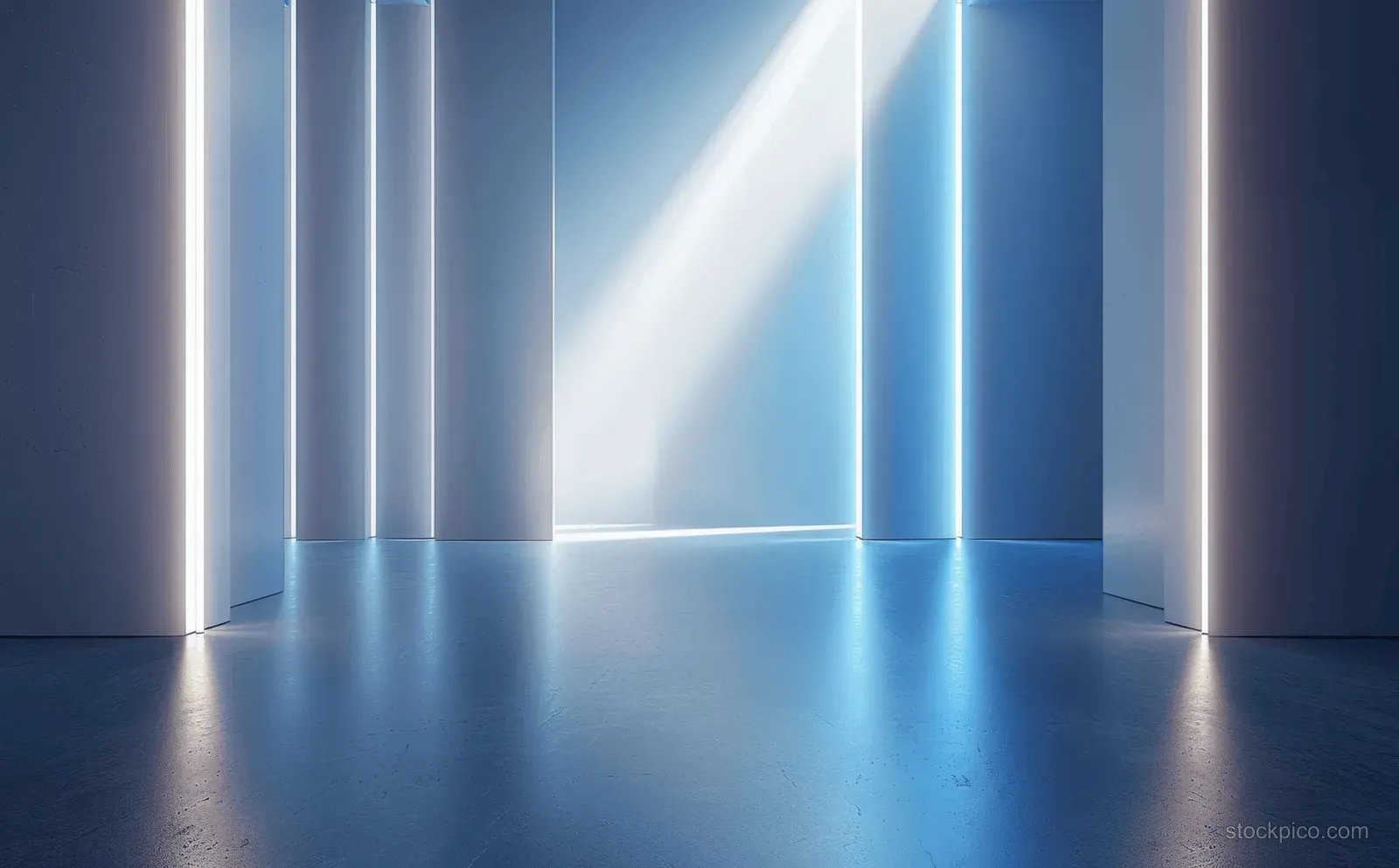 Minimalist blue interior stage with vertical glowing light rays and a smooth reflective floor.