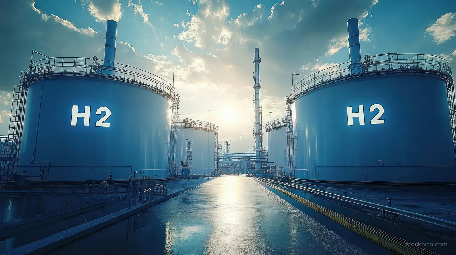 Two large blue hydrogen storage tanks labeled H2 at an industrial facility with sunlight reflecting on wet ground.