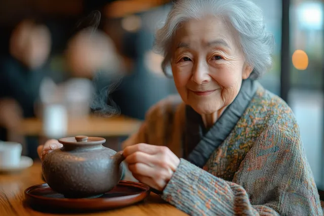 Elderly woman smiles while pouring steaming tea from a rustic teapot at a wooden table in a softly lit cafe.