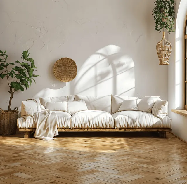 Sunlit boho coastal living room with a white sofa, cushions, woven decor, and indoor plants along a wooden floor.