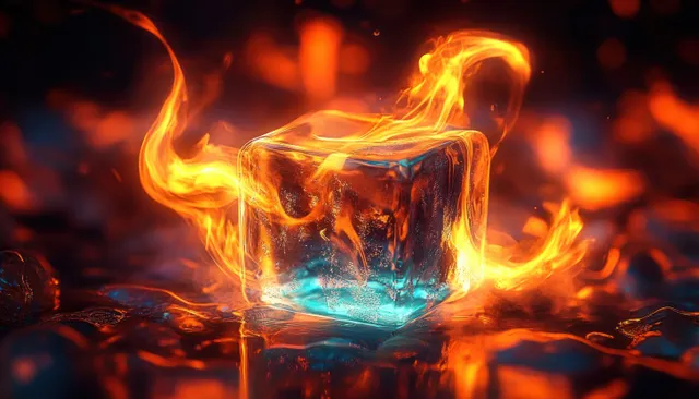 A glowing blue ice cube burns in orange flames as fiery sparks fly through the dark background.
