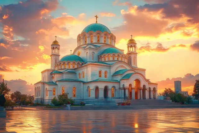 White stone cathedral with turquoise and gold domes glowing at sunset, reflections in wet plaza