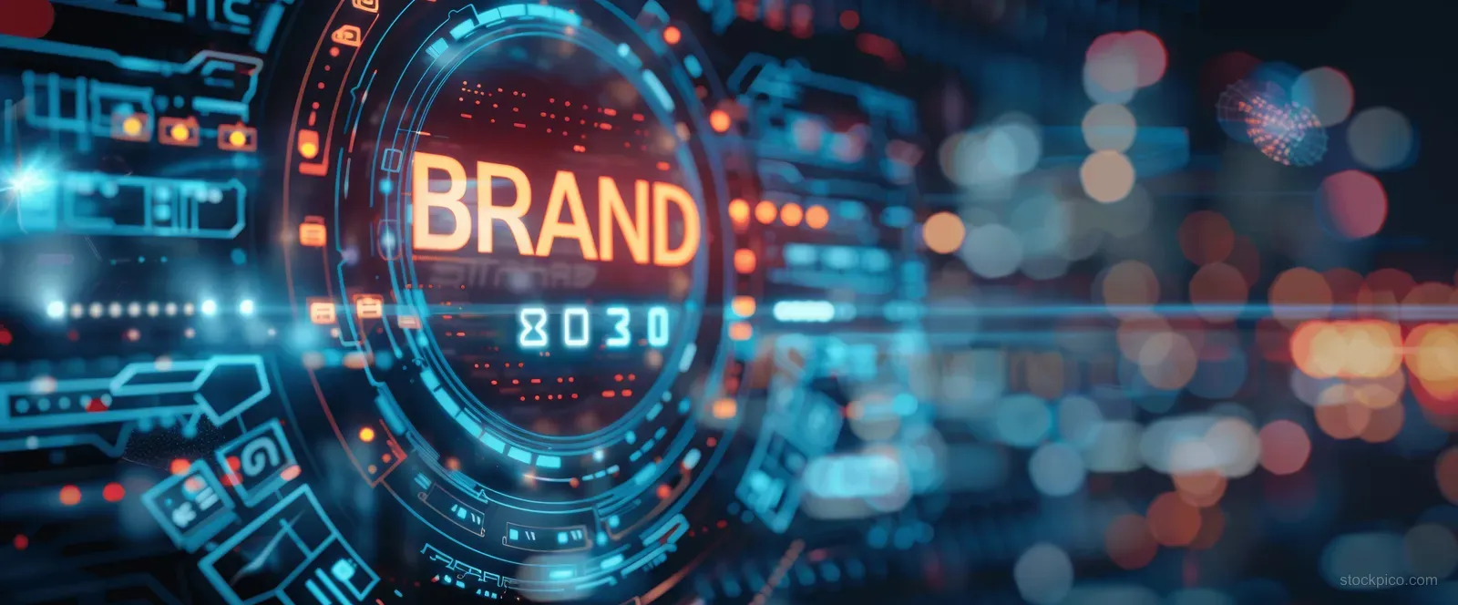 A glowing digital brand dashboard with circular data graphics and blurred lights in the background.