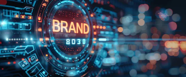 Futuristic brand dashboard displaying strategy data and glowing interface elements