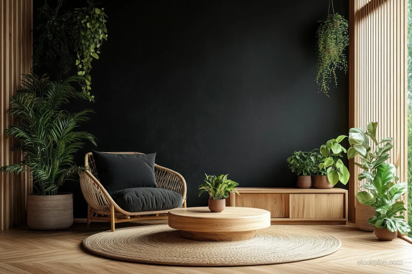 Minimalist Scandinavian lounge with a dark black wall, wooden shelf, circular table, and potted plants by the window.