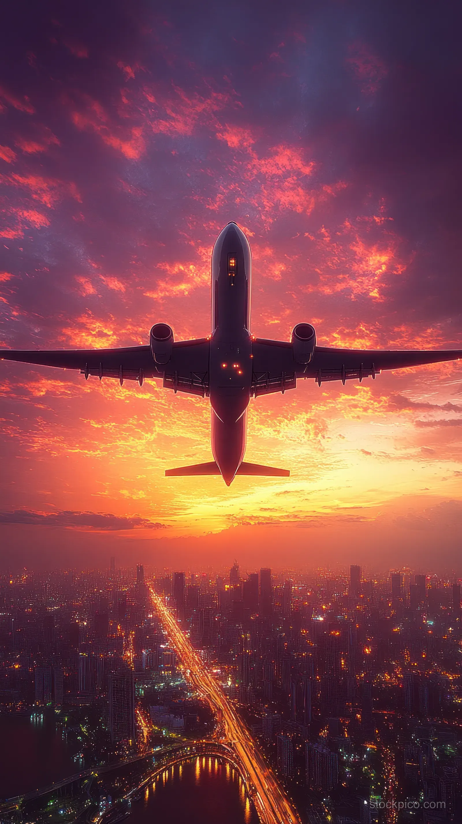 A commercial airplane flies over a glowing city skyline during a vivid orange and purple sunset.