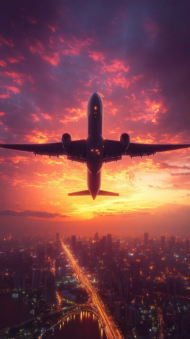 Commercial airplane in flight above glowing city lights at dramatic orange-purple sunset