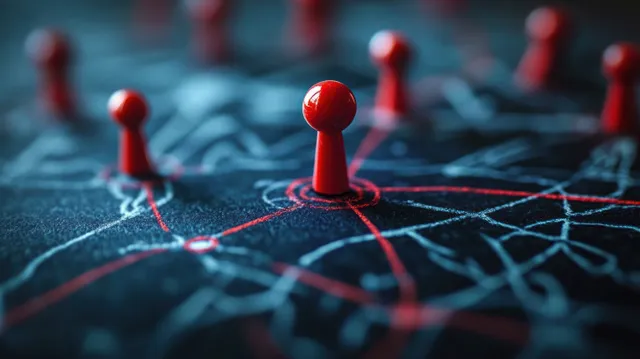 Red pins connected by lines on a dark network map surface