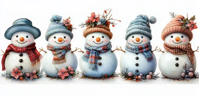 Five smiling snowmen in winter hats and scarves lined up on a white background with berry and floral decorations.