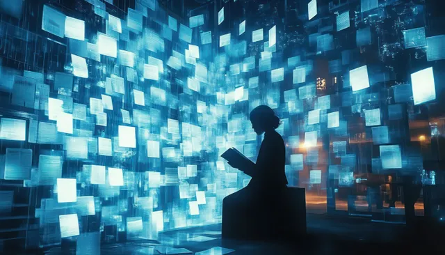 A project manager silhouette gestures toward floating glowing data tiles suggesting progress reporting and workflow tracking.