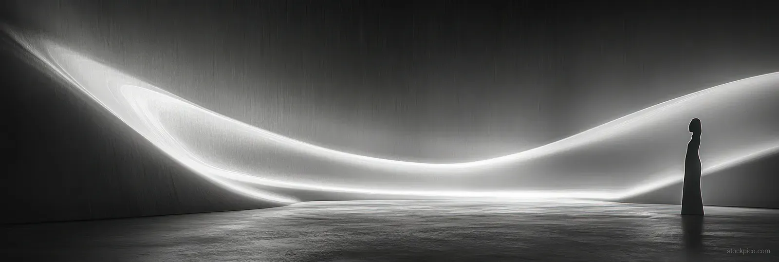 A lone silhouette stands in a dark room as smooth white light waves sweep overhead and across the floor.