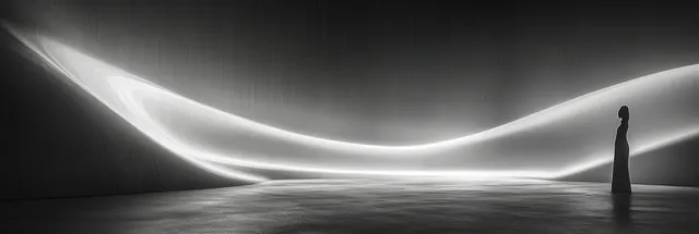 A lone silhouette stands in a dark room as smooth white light waves sweep overhead and across the floor.