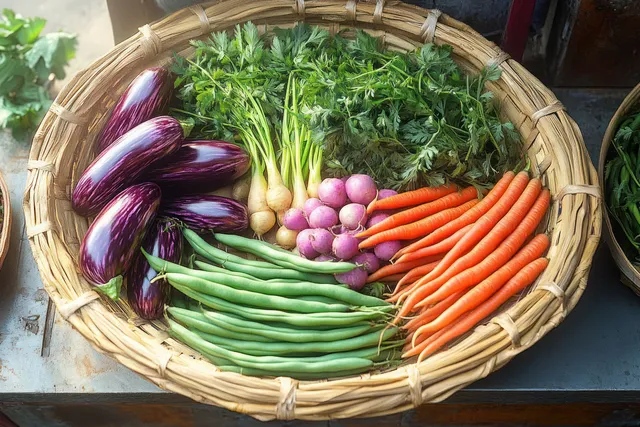 Freshly harvested vegetables arranged in a round woven basket on a rustic market stall