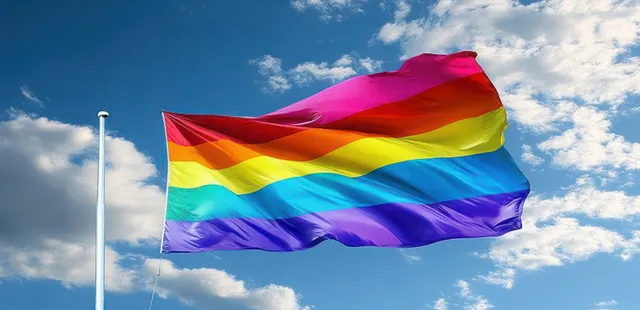 Rainbow pride flag waving against blue sky with clouds and bold color waves