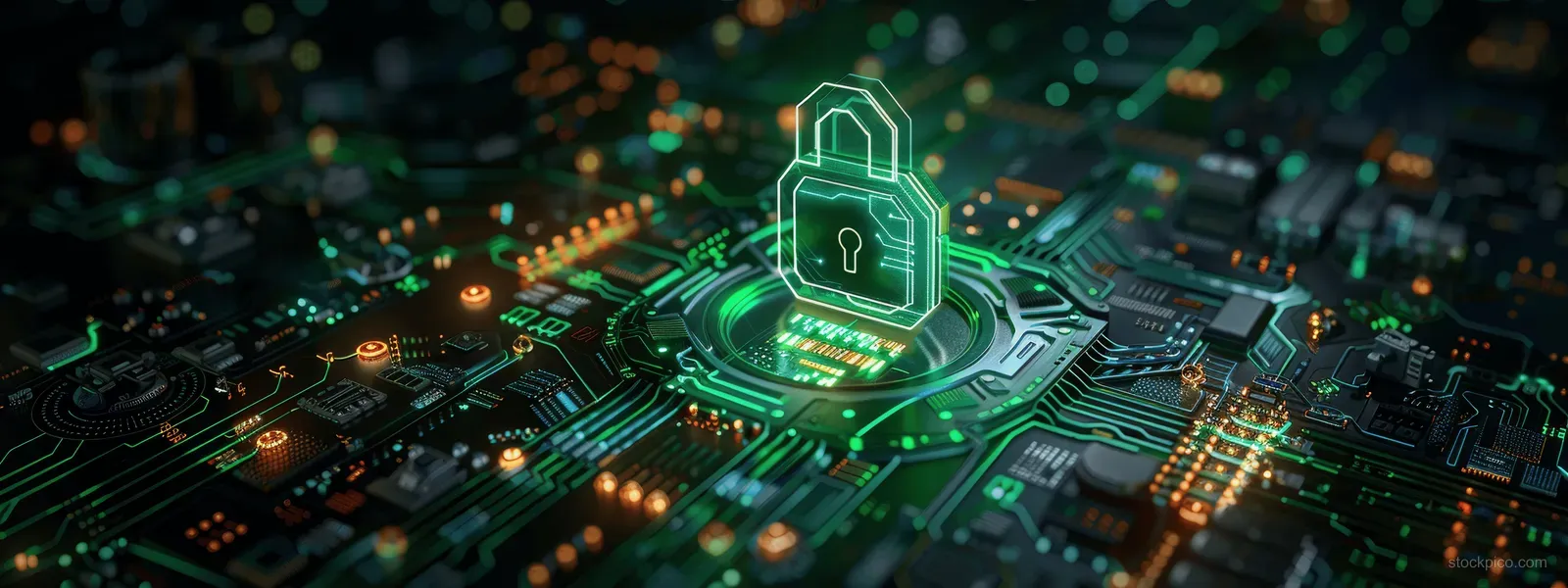 Glowing cybersecurity lock icon overlays a dark circuit board network with data points and access indicators.
