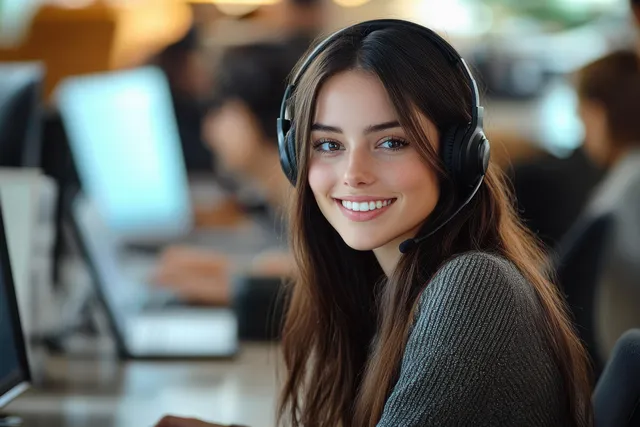Smiling young woman wearing a headset works at a computer in a busy office call center.