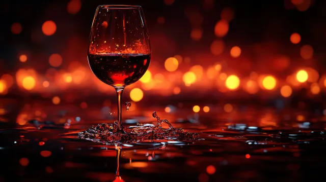 Spilled red wine glass reflecting on glossy black surface