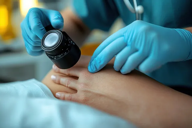 Gloved dermatologist inspects a patient’s hand moles using a dermatoscope in a clinic.